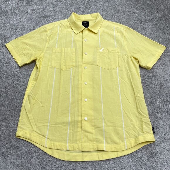 RVCA Kevin Spanky Long Button Down Shirt Mens Small Yellow Striped Short Sleeve - Picture 1 of 13